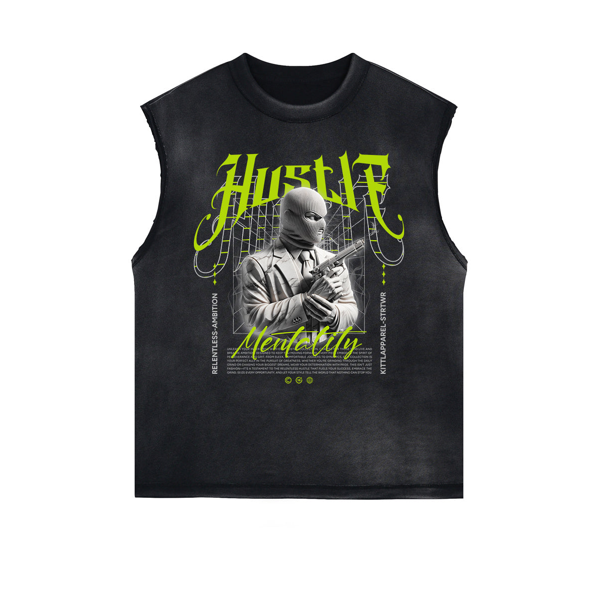 Distressed Sleeveless Mystery Mask Pattern Tee