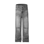 Vintage Wash Ripped Knee Straight-Leg Jeans