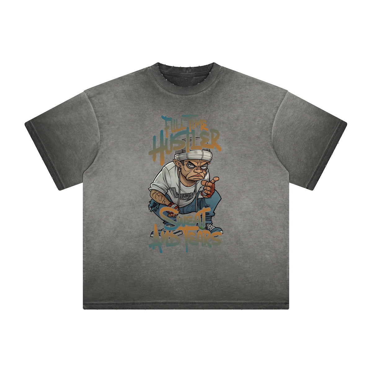 Stone Wash Gray Faded Cartoon Graphic Tee