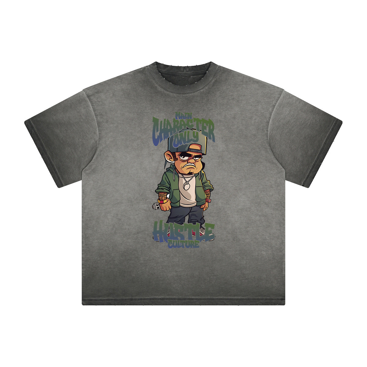 Stone Wash Gray Faded Cartoon Graphic Tee