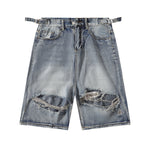 Adjustable Side Strap Distressed High Waist Shorts