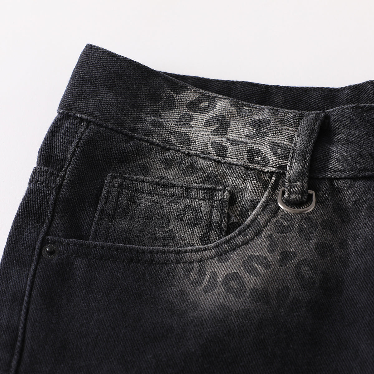 Black Wash Leopard-Print Wide-Leg Jeans