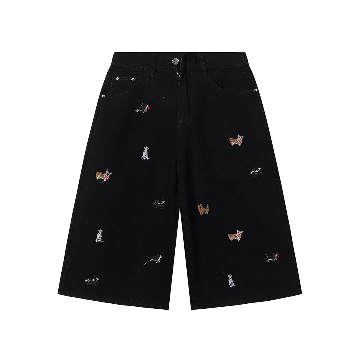 Dog Embroidery Design Vintage Washed Denim Shorts
