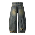 Panel Stitching Barrel-Leg Ripped Jeans
