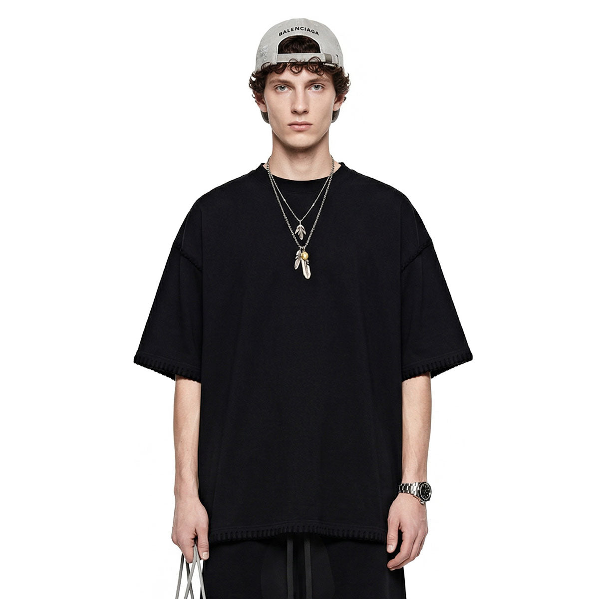 Oversized Minimal Tee Raw Edge Contrast Stitching
