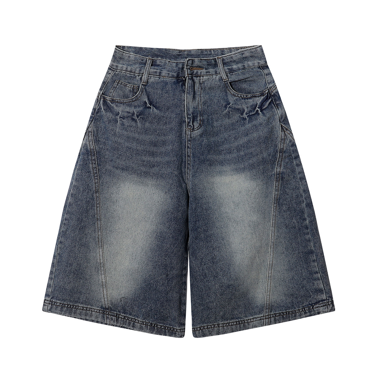Front Panel Stitching Vintage Washed Denim Shorts