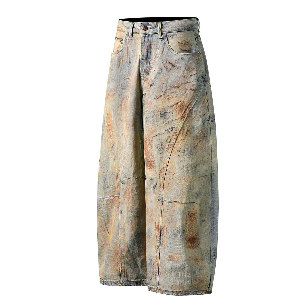 Muddy Wash Panel Stitching Barrel-Leg Jeans
